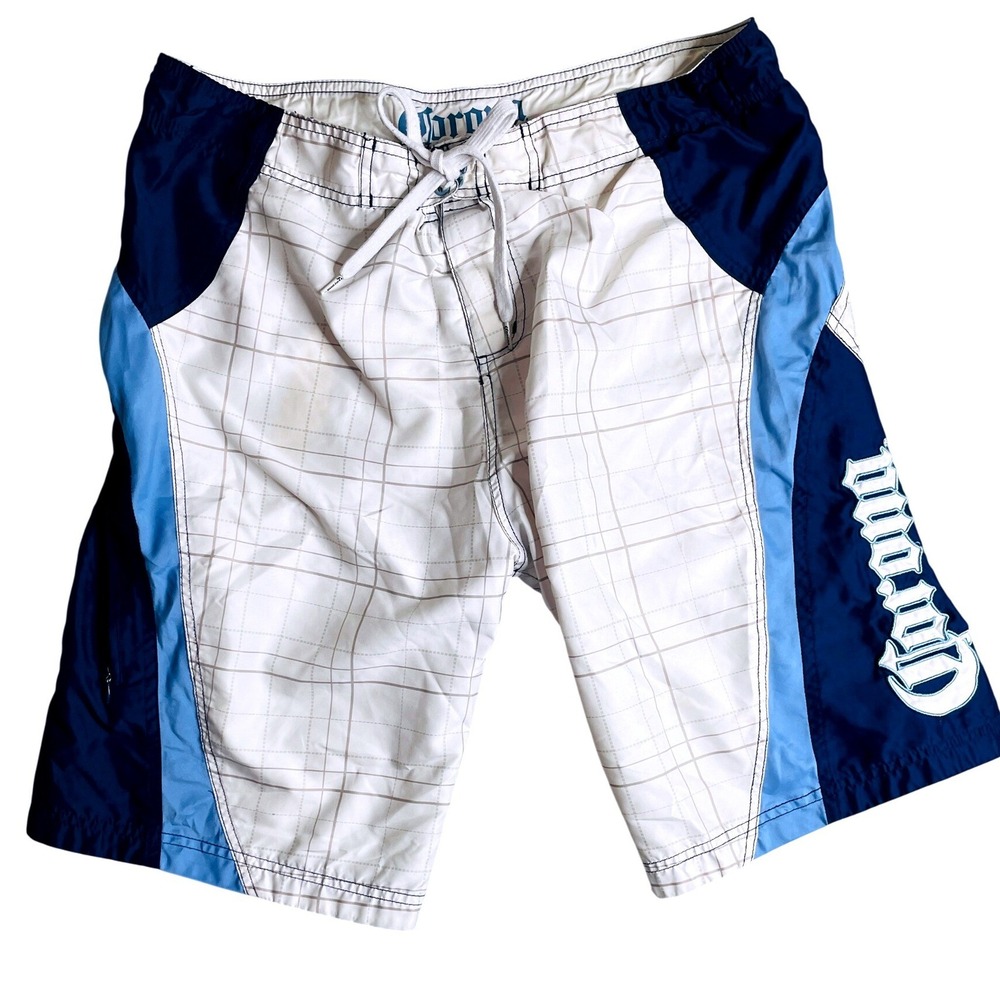 Corona Extra Board Shorts Mens 34 Blue White Grid Logo Zip Pocket Swim Trunks